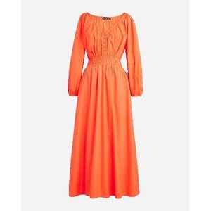 J.Crew Smocked-Waist Cotton Poplin Midi Dress Orange BR931 Womens Size L